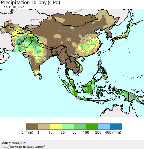 Asia Precipitation 10-Day (CPC) Thematic Map For 1/1/2022 - 1/10/2022