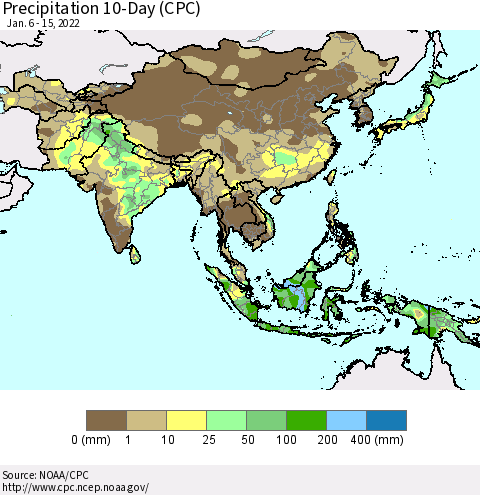 Asia Precipitation 10-Day (CPC) Thematic Map For 1/6/2022 - 1/15/2022