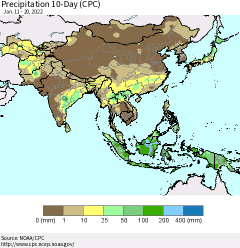 Asia Precipitation 10-Day (CPC) Thematic Map For 1/11/2022 - 1/20/2022