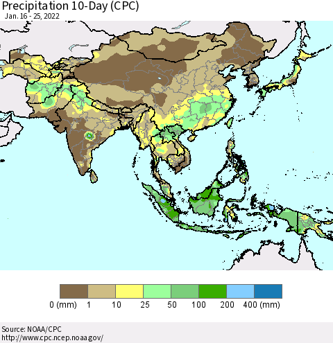 Asia Precipitation 10-Day (CPC) Thematic Map For 1/16/2022 - 1/25/2022