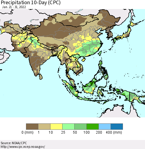 Asia Precipitation 10-Day (CPC) Thematic Map For 1/21/2022 - 1/31/2022