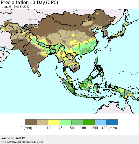 Asia Precipitation 10-Day (CPC) Thematic Map For 1/26/2022 - 2/5/2022