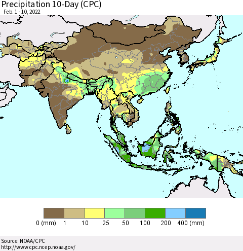Asia Precipitation 10-Day (CPC) Thematic Map For 2/1/2022 - 2/10/2022