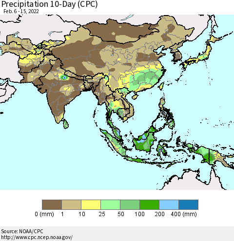Asia Precipitation 10-Day (CPC) Thematic Map For 2/6/2022 - 2/15/2022