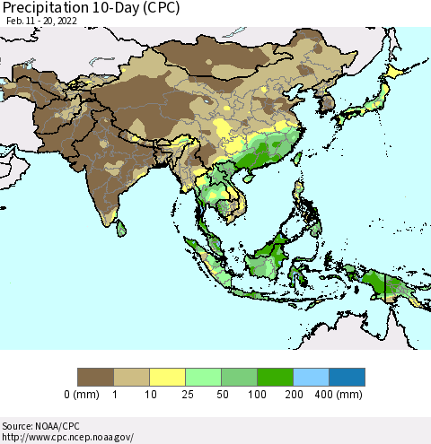 Asia Precipitation 10-Day (CPC) Thematic Map For 2/11/2022 - 2/20/2022