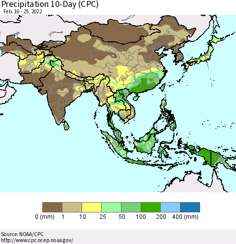 Asia Precipitation 10-Day (CPC) Thematic Map For 2/16/2022 - 2/25/2022
