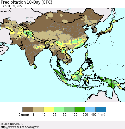 Asia Precipitation 10-Day (CPC) Thematic Map For 2/21/2022 - 2/28/2022