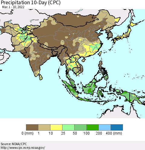 Asia Precipitation 10-Day (CPC) Thematic Map For 3/1/2022 - 3/10/2022