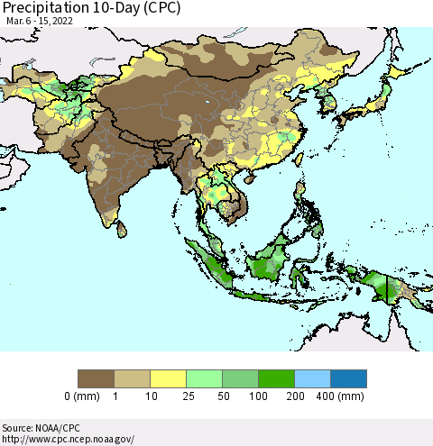 Asia Precipitation 10-Day (CPC) Thematic Map For 3/6/2022 - 3/15/2022