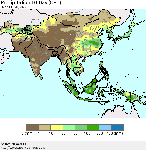 Asia Precipitation 10-Day (CPC) Thematic Map For 3/11/2022 - 3/20/2022