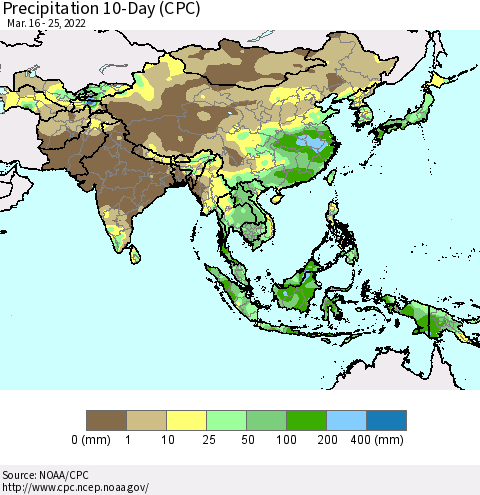 Asia Precipitation 10-Day (CPC) Thematic Map For 3/16/2022 - 3/25/2022