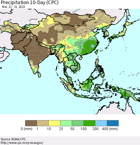 Asia Precipitation 10-Day (CPC) Thematic Map For 3/21/2022 - 3/31/2022