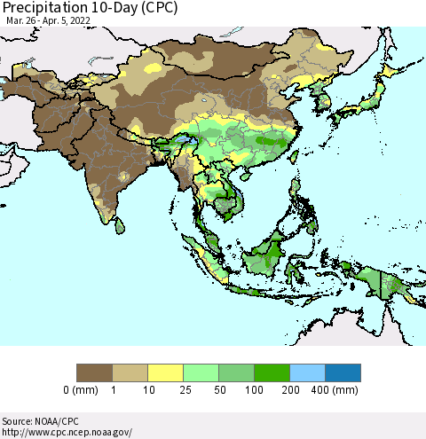 Asia Precipitation 10-Day (CPC) Thematic Map For 3/26/2022 - 4/5/2022