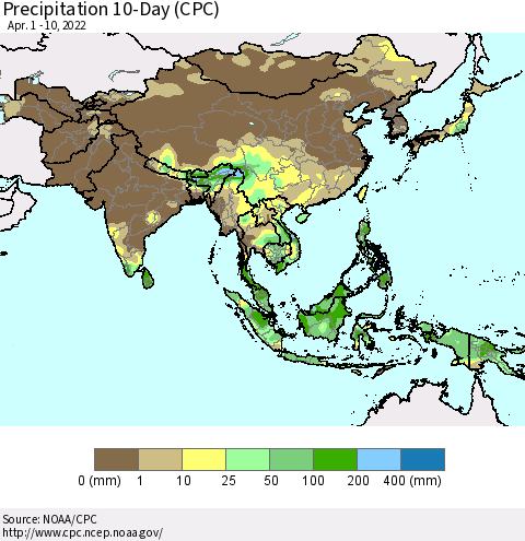 Asia Precipitation 10-Day (CPC) Thematic Map For 4/1/2022 - 4/10/2022