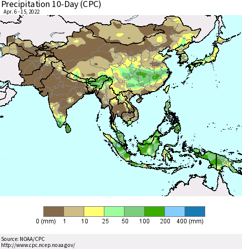 Asia Precipitation 10-Day (CPC) Thematic Map For 4/6/2022 - 4/15/2022