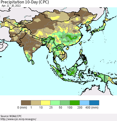 Asia Precipitation 10-Day (CPC) Thematic Map For 4/11/2022 - 4/20/2022