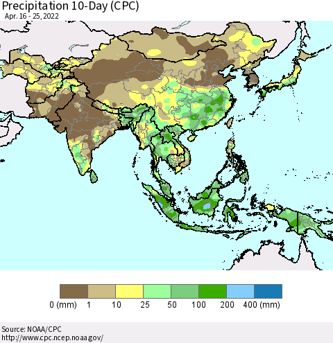 Asia Precipitation 10-Day (CPC) Thematic Map For 4/16/2022 - 4/25/2022