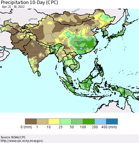 Asia Precipitation 10-Day (CPC) Thematic Map For 4/21/2022 - 4/30/2022