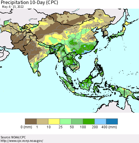 Asia Precipitation 10-Day (CPC) Thematic Map For 5/6/2022 - 5/15/2022