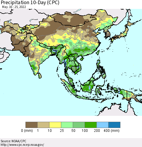 Asia Precipitation 10-Day (CPC) Thematic Map For 5/16/2022 - 5/25/2022