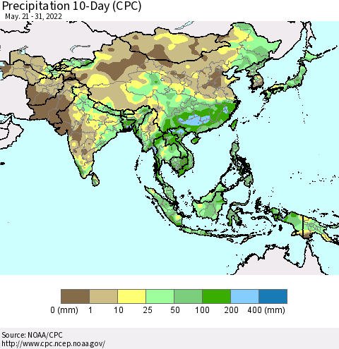 Asia Precipitation 10-Day (CPC) Thematic Map For 5/21/2022 - 5/31/2022