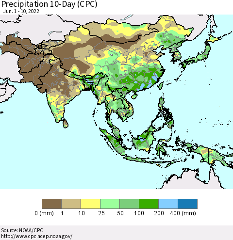 Asia Precipitation 10-Day (CPC) Thematic Map For 6/1/2022 - 6/10/2022