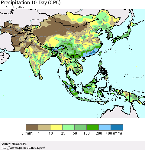 Asia Precipitation 10-Day (CPC) Thematic Map For 6/6/2022 - 6/15/2022