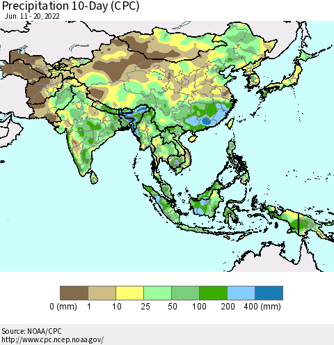 Asia Precipitation 10-Day (CPC) Thematic Map For 6/11/2022 - 6/20/2022
