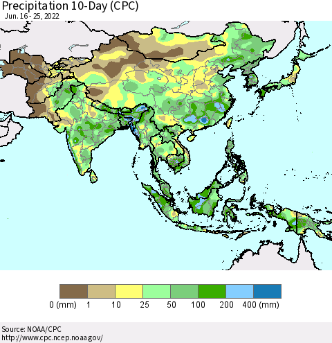 Asia Precipitation 10-Day (CPC) Thematic Map For 6/16/2022 - 6/25/2022