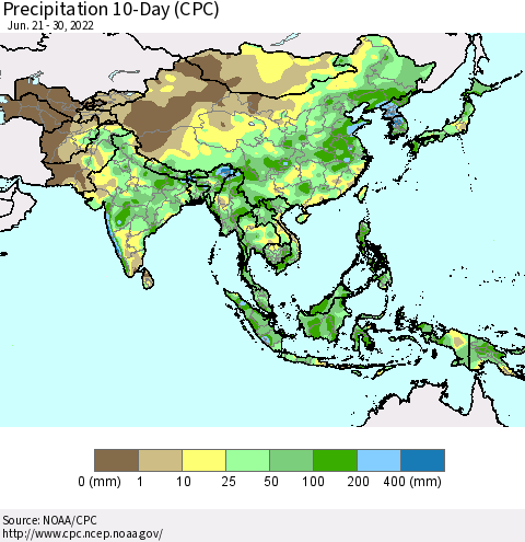 Asia Precipitation 10-Day (CPC) Thematic Map For 6/21/2022 - 6/30/2022
