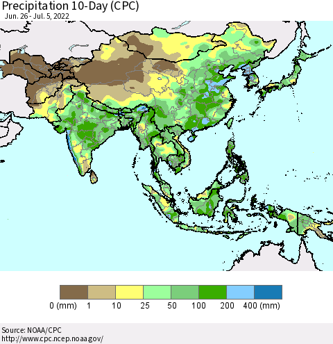 Asia Precipitation 10-Day (CPC) Thematic Map For 6/26/2022 - 7/5/2022