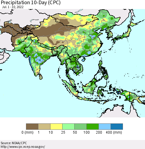 Asia Precipitation 10-Day (CPC) Thematic Map For 7/1/2022 - 7/10/2022