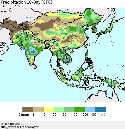 Asia Precipitation 10-Day (CPC) Thematic Map For 7/6/2022 - 7/15/2022