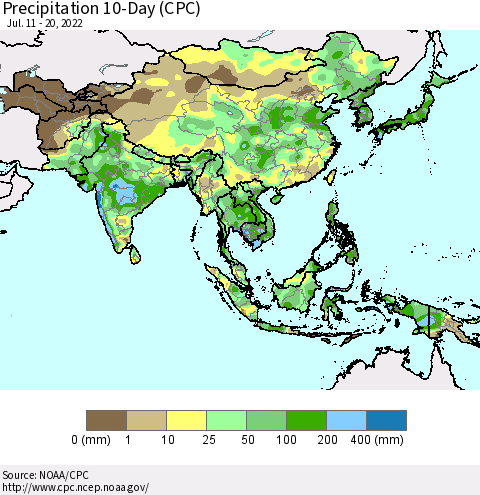 Asia Precipitation 10-Day (CPC) Thematic Map For 7/11/2022 - 7/20/2022