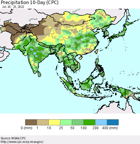 Asia Precipitation 10-Day (CPC) Thematic Map For 7/16/2022 - 7/25/2022