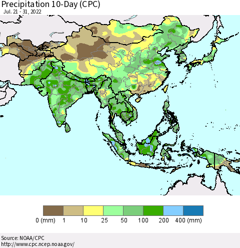 Asia Precipitation 10-Day (CPC) Thematic Map For 7/21/2022 - 7/31/2022