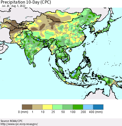 Asia Precipitation 10-Day (CPC) Thematic Map For 7/26/2022 - 8/5/2022