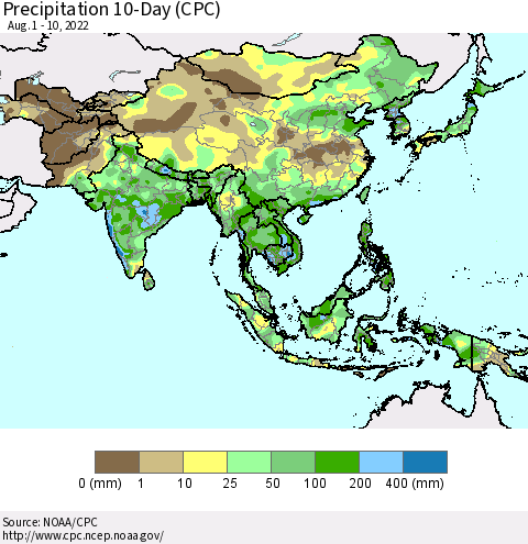 Asia Precipitation 10-Day (CPC) Thematic Map For 8/1/2022 - 8/10/2022