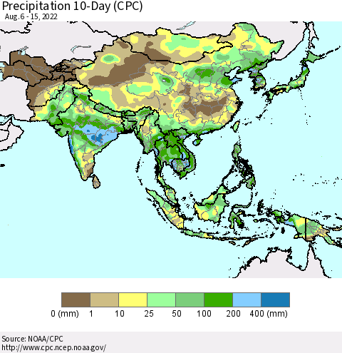 Asia Precipitation 10-Day (CPC) Thematic Map For 8/6/2022 - 8/15/2022