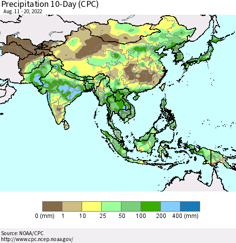 Asia Precipitation 10-Day (CPC) Thematic Map For 8/11/2022 - 8/20/2022