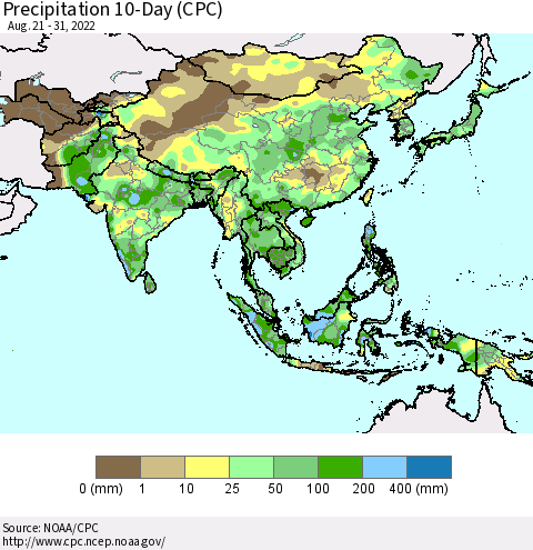 Asia Precipitation 10-Day (CPC) Thematic Map For 8/21/2022 - 8/31/2022