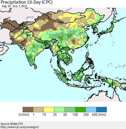Asia Precipitation 10-Day (CPC) Thematic Map For 8/26/2022 - 9/5/2022