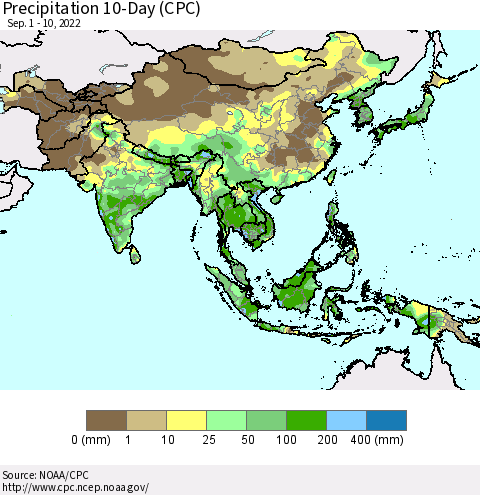 Asia Precipitation 10-Day (CPC) Thematic Map For 9/1/2022 - 9/10/2022