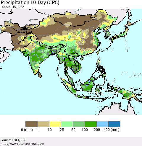 Asia Precipitation 10-Day (CPC) Thematic Map For 9/6/2022 - 9/15/2022