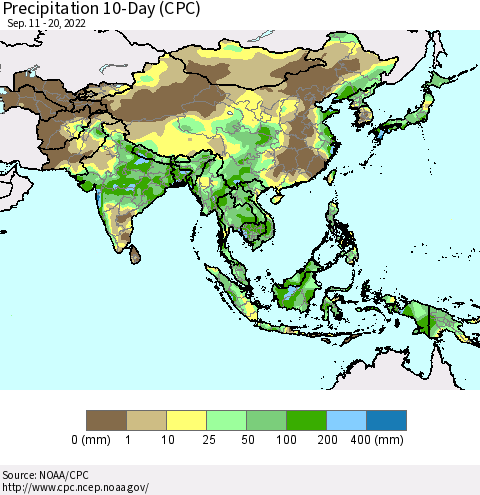 Asia Precipitation 10-Day (CPC) Thematic Map For 9/11/2022 - 9/20/2022
