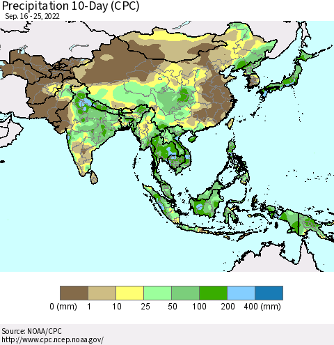 Asia Precipitation 10-Day (CPC) Thematic Map For 9/16/2022 - 9/25/2022