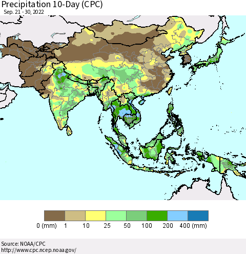 Asia Precipitation 10-Day (CPC) Thematic Map For 9/21/2022 - 9/30/2022