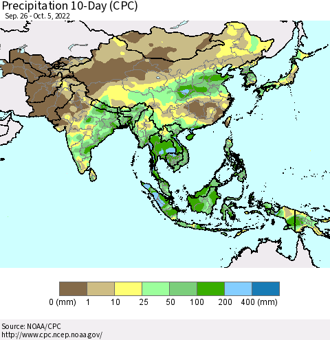 Asia Precipitation 10-Day (CPC) Thematic Map For 9/26/2022 - 10/5/2022