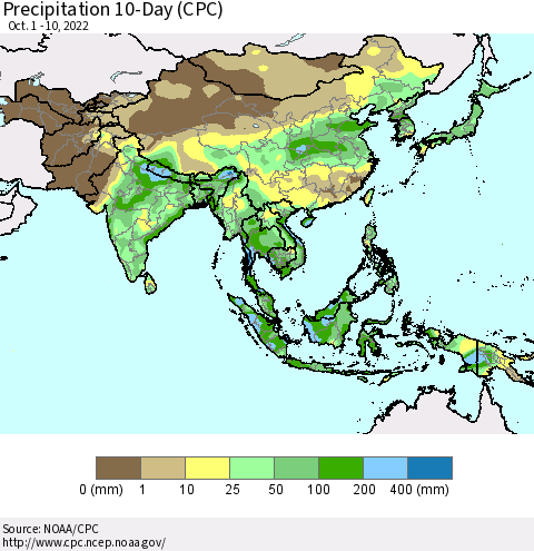 Asia Precipitation 10-Day (CPC) Thematic Map For 10/1/2022 - 10/10/2022