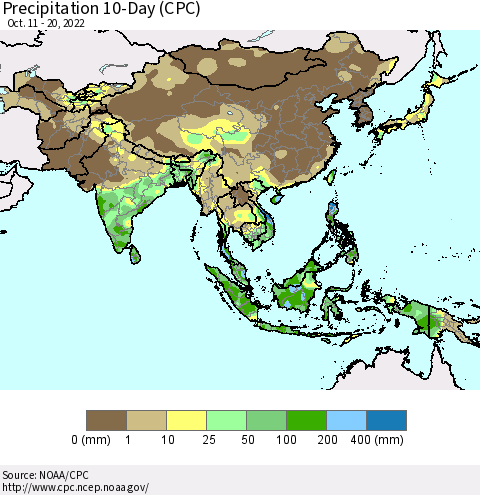 Asia Precipitation 10-Day (CPC) Thematic Map For 10/11/2022 - 10/20/2022